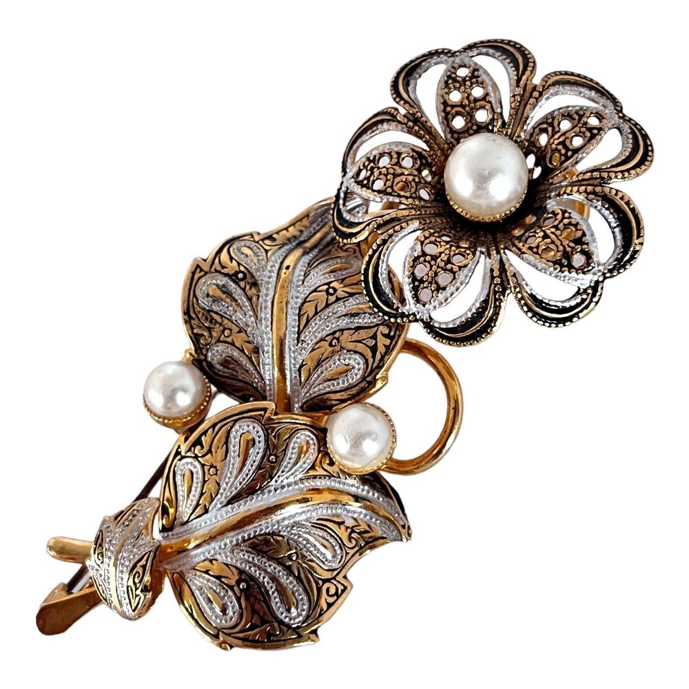 Vintage 1970s Damascene Style Floral Brooch Pearl Gold Tone Statement Pin - 6B